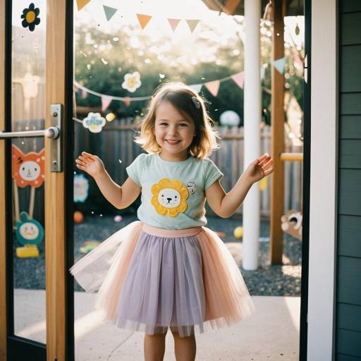 Smiling toddler girl in pastel outfit by playroom entrance