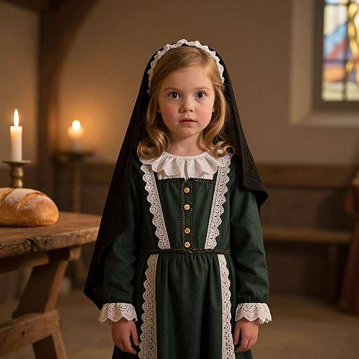 Photograph of a young girl with light brown hair, wearing a black lace-trimmed dress and veil, standing in a dimly lit, candle