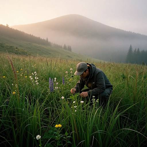 Photograph of a man in a gray jacket and cap crouching in a misty meadow, inspecting wildflowers at sunrise with mist-covered