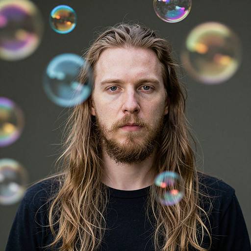 Photograph of a long-haired, bearded white man with blue eyes, wearing a black shirt, surrounded by colorful, floating bubbles against a dark background