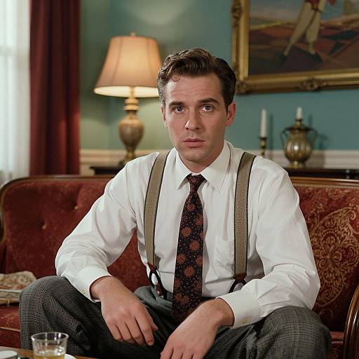 Photograph of a young white man with short brown hair, wearing a white shirt, patterned tie, and suspenders, sitting on a red Victorian