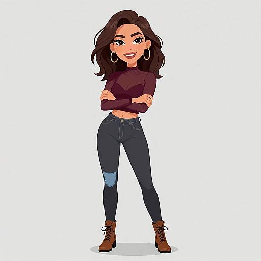 Digital illustration of a confident woman with dark brown hair, hoop earrings, maroon long-sleeve top, ripped blue jeans, brown boots, arms