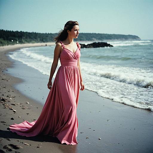 Stylish Woman in Pink Beach Gown