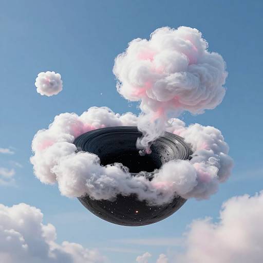 Digital CGI of a dark, spherical object floating in a clear blue sky, surrounded by fluffy, white clouds with pink highlights.