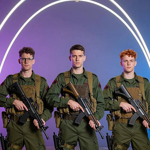 Three Soldiers in Military Uniforms with Automatic Rifles