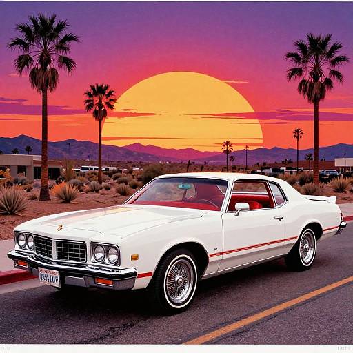 Photograph of a white 1970s muscle car with chrome details, parked on a desert street at sunset, vivid orange sun, purple sky,