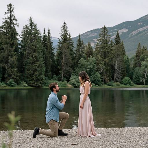 Photograph of a bearded man in a blue shirt kneeling, proposing to a woman in a pink dress by a forested lake.