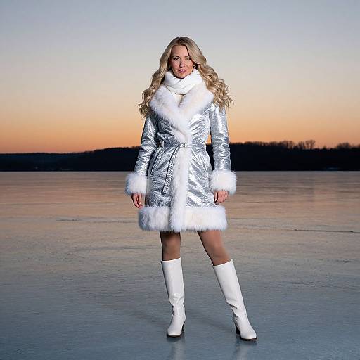 Photograph of a blonde woman in a silver fur-trimmed coat, white knee-high boots, standing on an icy lake at sunset.