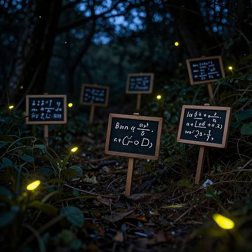 Photograph of dark forest night scene with glowing fireflies, black chalkboard signs with mathematical equations on wooden stakes, blue twilight background.