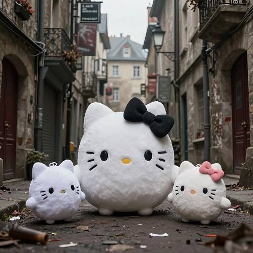 Photograph of three fluffy, snowman-like Hello Kitty plushies in a narrow, cobblestone European alley with aged buildings and street signs.