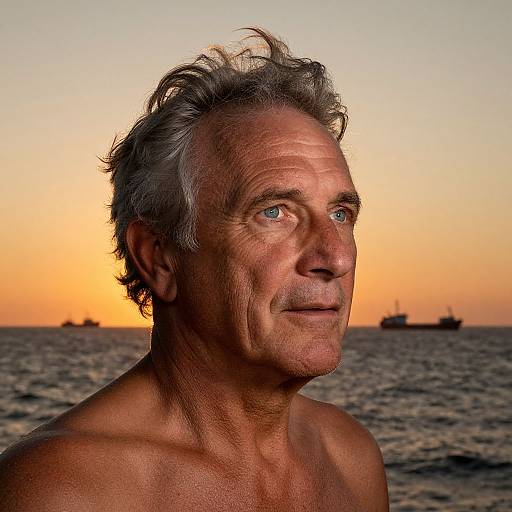 Photograph of a middle-aged, shirtless man with gray hair and blue eyes, gazing at a sunset over the ocean, with two boats in