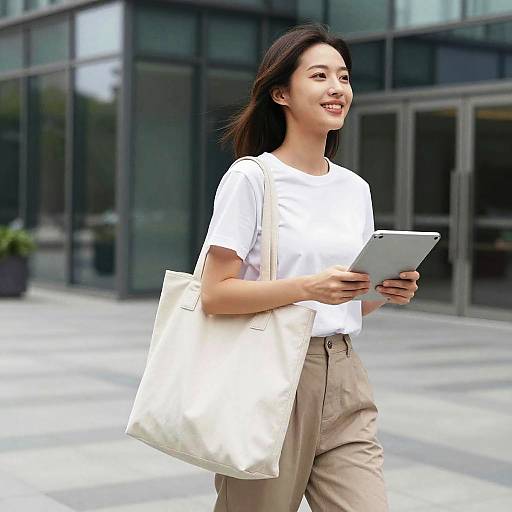Young woman with tablet and tote bag outdoors