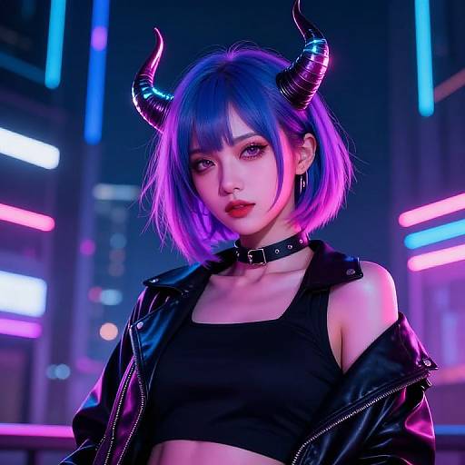 Digital art of an anime-style woman with purple and blue hair, black horns, a black choker, and leather jacket, set in a neon-l