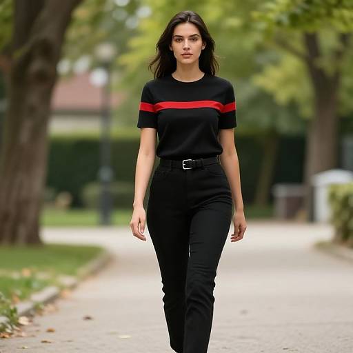 Woman in Black and Red Outfit Walking