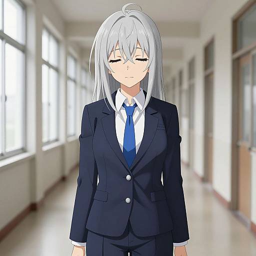 Anime-style digital drawing of a silver-haired woman in a black suit with a blue tie, standing in a bright, empty school hallway.