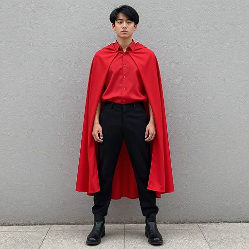 Photograph of an Asian man with short black hair, wearing a bright red cape over a red shirt, black pants, and black boots, standing against
