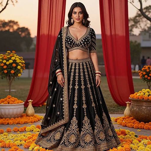 Elegant Indian Woman in Silk Lehenga