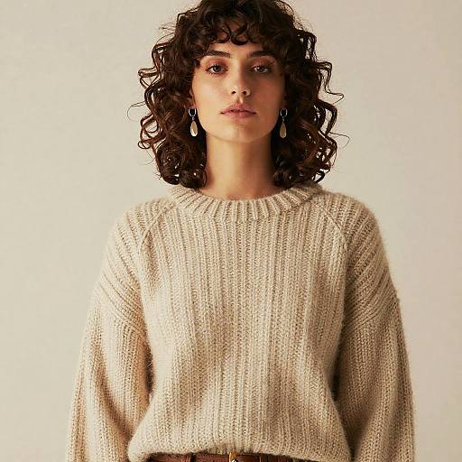 Photograph of a young woman with curly dark hair, wearing a beige knitted sweater, standing against a plain white background.