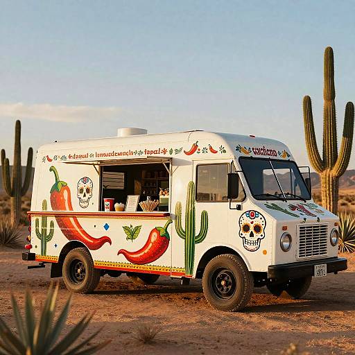 Photograph of a white food truck adorned with chili pepper and cactus illustrations, parked in a desert with tall cacti, under a clear blue