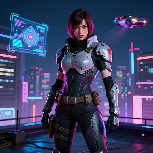 Digital artwork of a fierce, short-haired woman in futuristic black and silver armor, standing in a neon-lit cityscape with hovering drones.