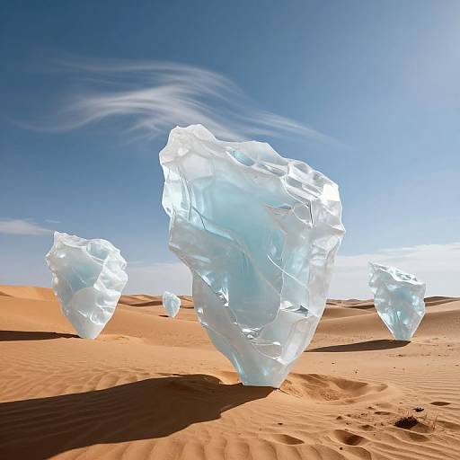 Photograph of crystalline ice formations standing in a bright, sandy desert under a clear blue sky with wispy clouds.
