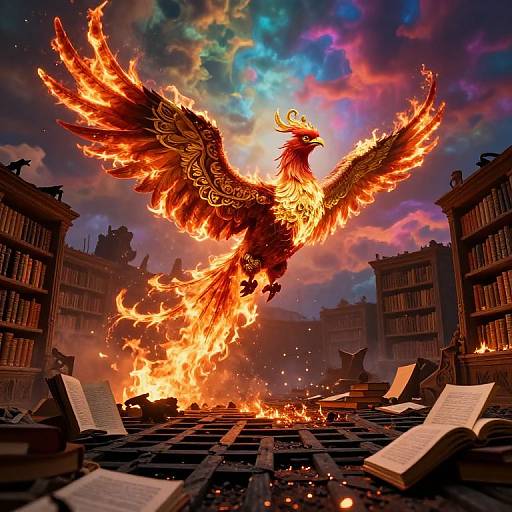 Photorealistic digital artwork of a fiery phoenix with glowing orange and red feathers soaring above a burning library, surrounded by open books and flaming debris.