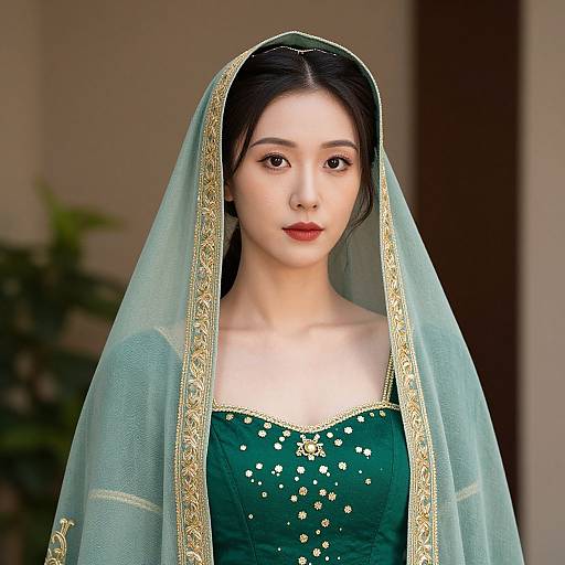 Photograph of an East Asian woman with fair skin, wearing a green traditional dress and sheer green veil with gold trim, adorned with gold sequins,