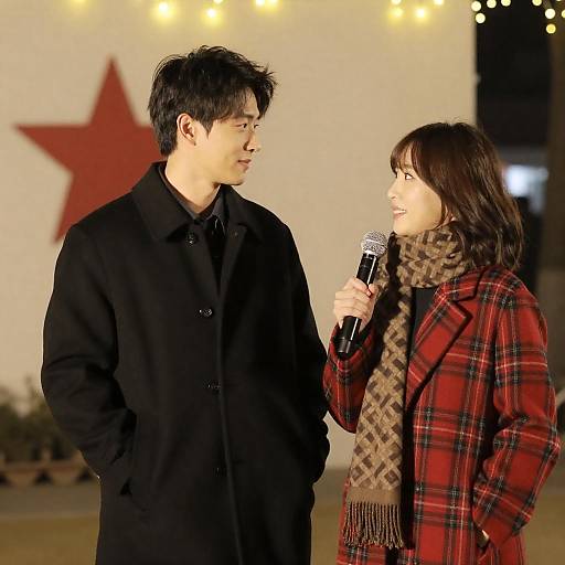 Smiling Couple at Night with Microphone