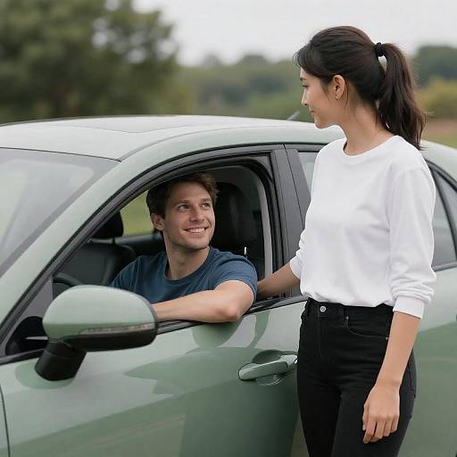Couple by Green Car Outdoors