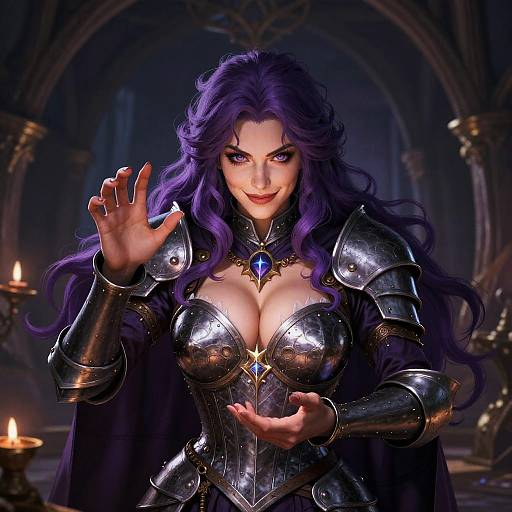 Digital art of a seductive, purple-haired woman with large breasts in silver armor, holding a blue gem, waving her hand, candlelit gothic