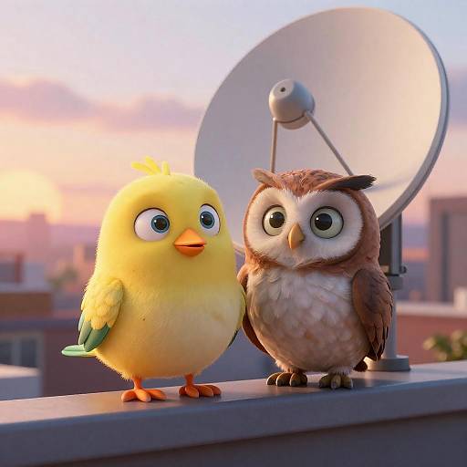 Animated Characters on Rooftop Satellite Dish