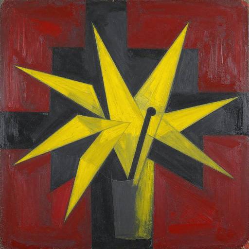 Cubist-style painting with bold yellow starburst in black and red background, resembling a cross. Bright yellow contrasts dark red and black. Oil on