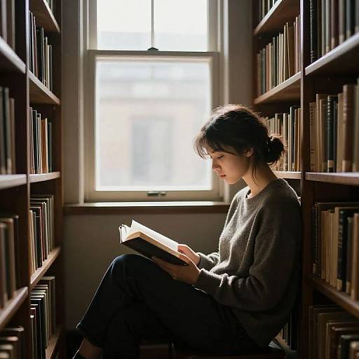 Photograph of a young woman with dark hair in a bun, wearing a gray sweater and black pants, sitting between bookshelves, reading a book