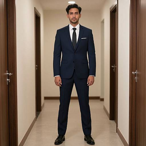 Photograph of a handsome man with dark hair and beard, standing in a white-walled hallway wearing a black suit, white shirt, and black tie