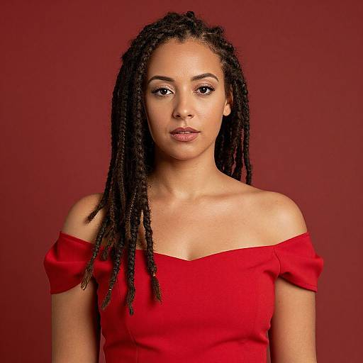Photograph of a young Black woman with long, dark dreadlocks, wearing an off-shoulder red dress against a solid red background.