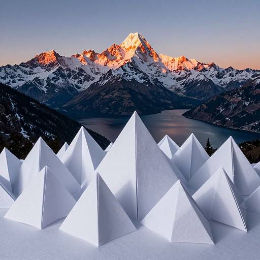 Photograph of illuminated white geometric triangles in foreground, with snow-covered mountains and a glowing, orange sunlit peak in background.