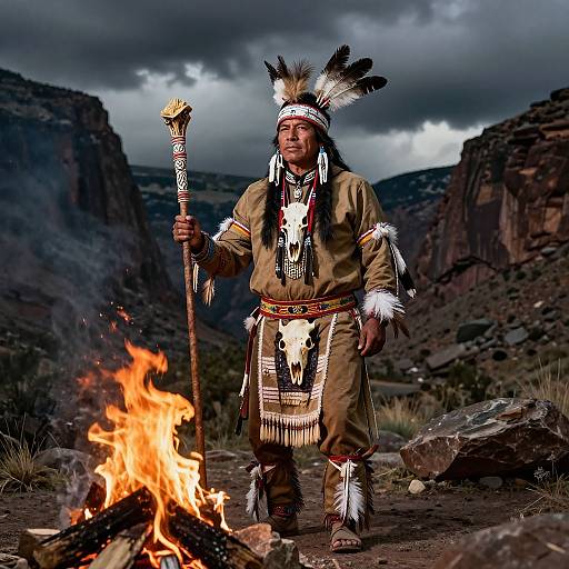 Photograph of a Native American man in traditional brown and white tribal attire, holding a decorated staff, standing by a fire in a rocky, mountainous