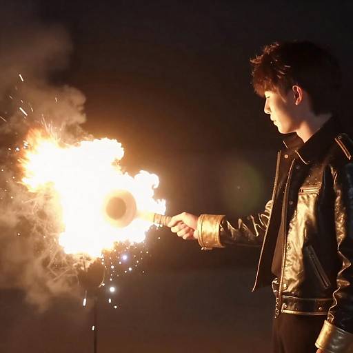 Gold-Trimmed Jacket Against Fiery Creature