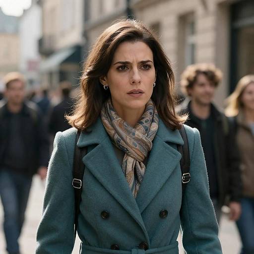 Photograph of a focused, middle-aged woman with brown hair, wearing a teal coat, scarf, and backpack, standing in a busy urban street.