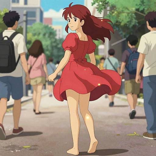 Anime-style digital drawing of a red-haired girl in a red dress walking barefoot on a sunny urban street, surrounded by blurred pedestrians.