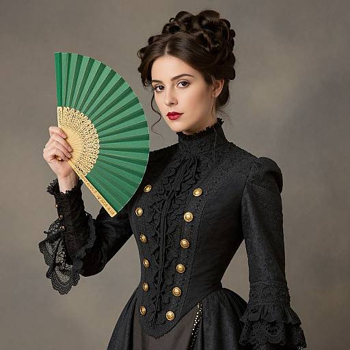 Photograph of a pale-skinned woman with dark hair in an updo, wearing a black, Victorian-style dress with gold buttons, holding a green