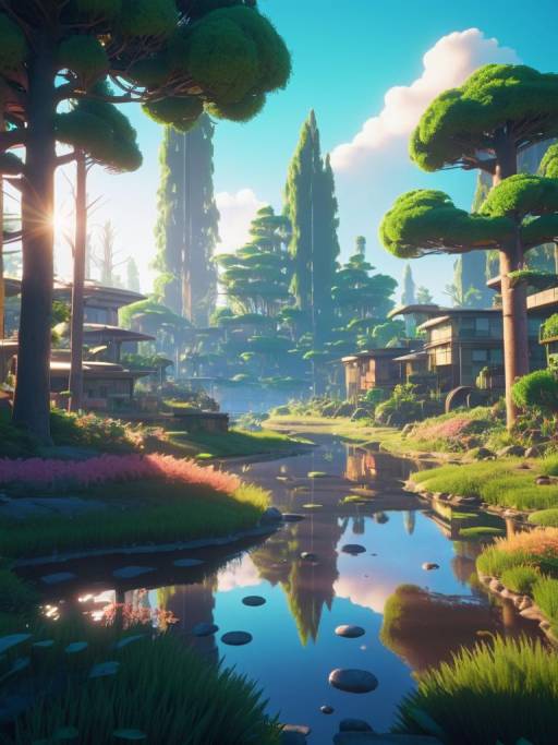 Tranquil Waterside Village with Lush Greenery