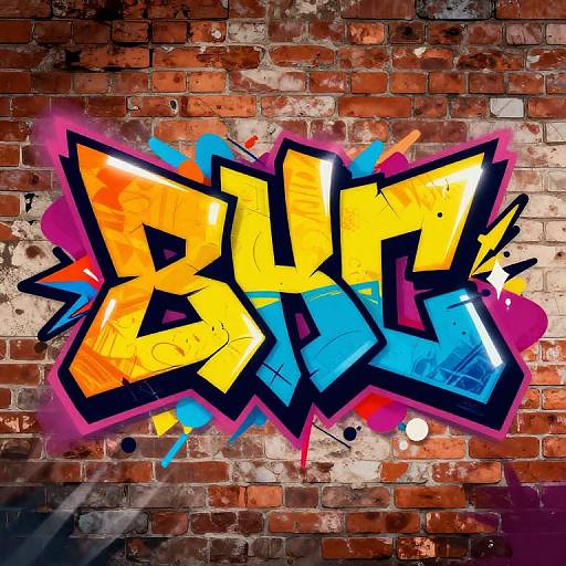 Vibrant graffiti on a weathered brick wall featuring bold yellow, blue, and orange letters with black outlines and pink highlights.