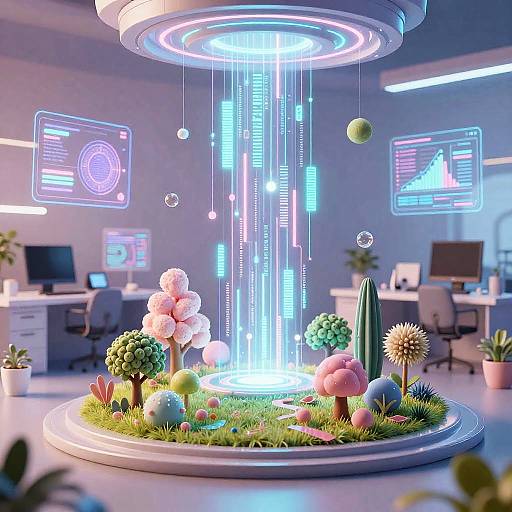 Futuristic office scene with glowing neon lights, floating bubbles, and a circular, illuminated garden centerpiece with colorful flowers and plants.