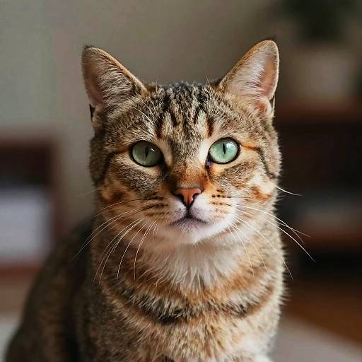 Close-up photograph of a tabby cat with green eyes, brown and black striped fur, and a focused expression, set against a blurred indoor background.