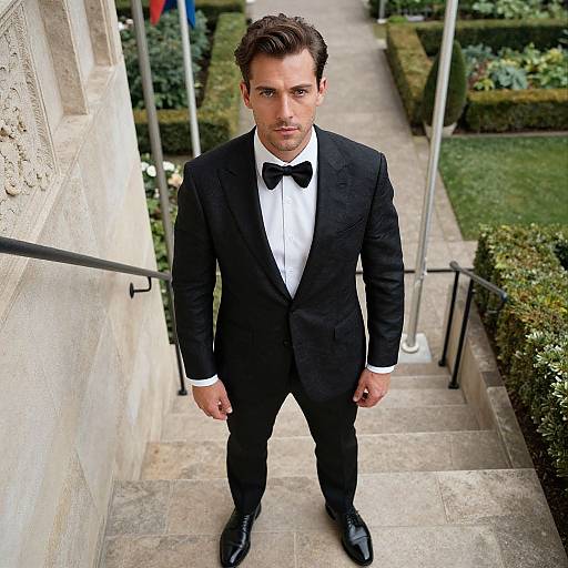 Photograph of a handsome man with dark brown hair, wearing a black tuxedo, white shirt, black bow tie, standing on stone steps,