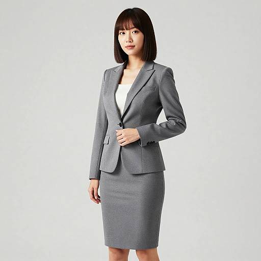 Photograph of an Asian woman with straight black bob haircut, wearing a gray blazer and matching skirt, white blouse, standing against a white background,