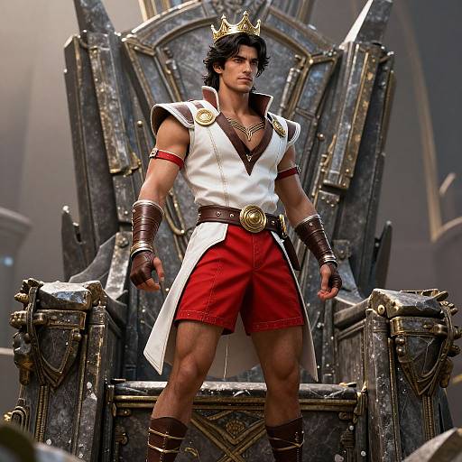  CGI image of a muscular, dark-haired man with a crown, white sleeveless vest, red shorts, and brown armlets, standing on a throne