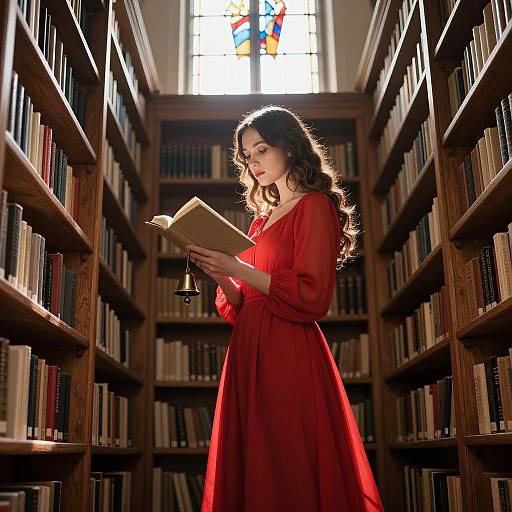Photograph of a young woman with long, wavy brown hair, wearing a red dress, standing in a sunlit library aisle, reading a book
