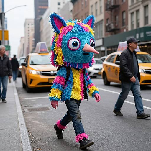 Photograph of a person in a colorful, fuzzy, animal mask costume with large eyes and nose, walking on a busy city street with yellow taxis and